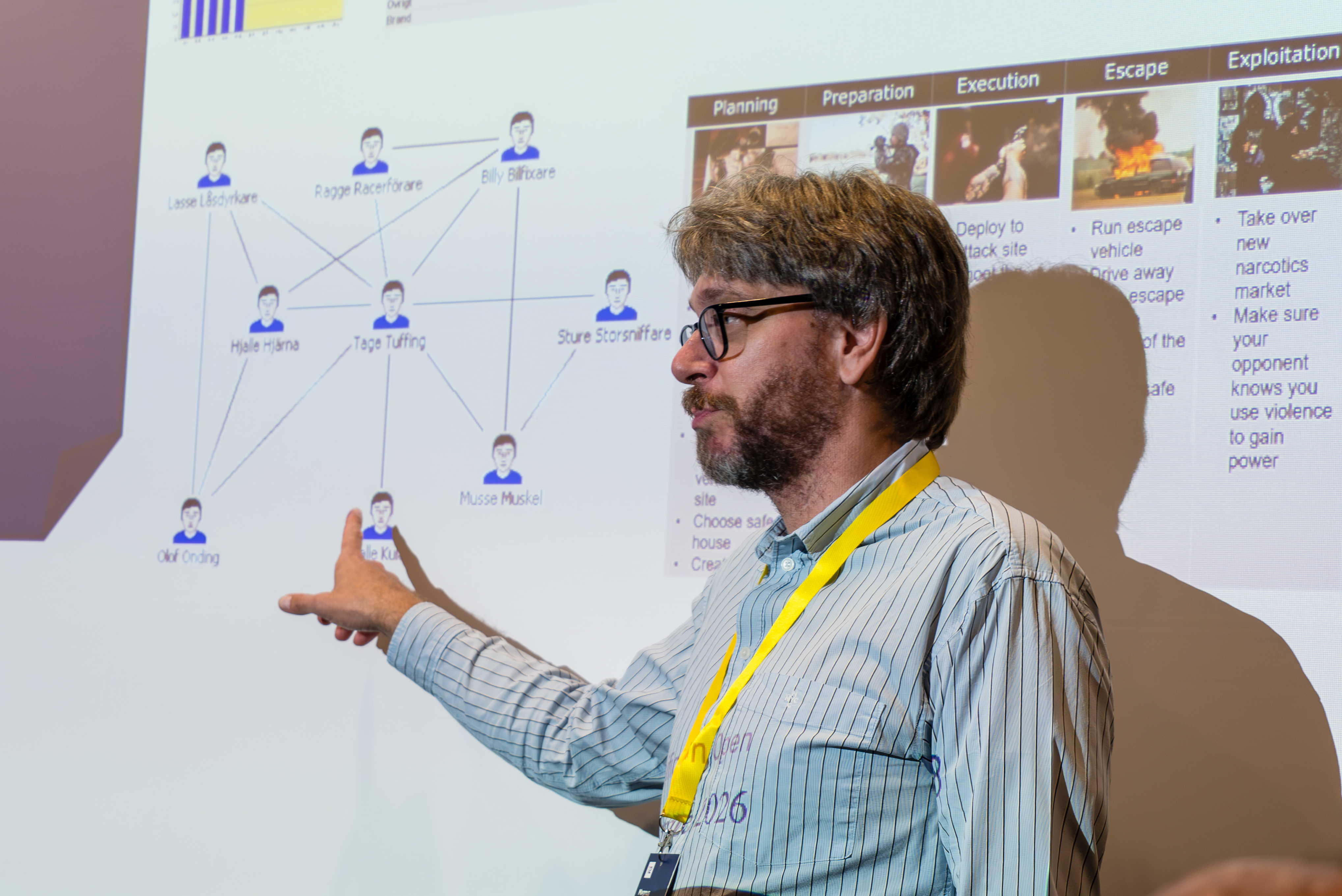 A presenter walking through an i2 chart on screen